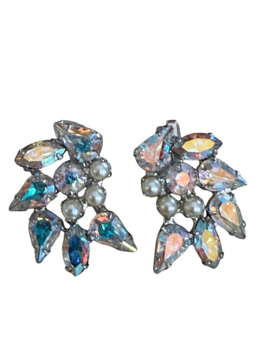Vintage B. DAVID Signed AB Rhinestone Pearl Climbing Clip Earrings Silver Tone